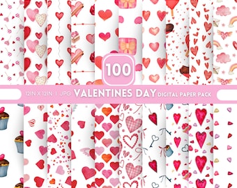 100 Valentines Themed Digital Paper, Seamless Commercial Use Instant Download Valentines Themed Digital Paper, Valentines Day, Digital Paper