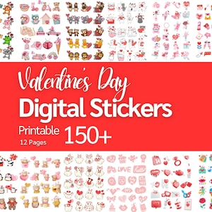 Puede incluir: Un conjunto de pegatinas digitales con más de 150 ilustraciones con temática de San Valentín. Las pegatinas presentan corazones, animales y otros símbolos románticos en rosa, rojo y blanco. El conjunto es imprimible e incluye 12 páginas de pegatinas.