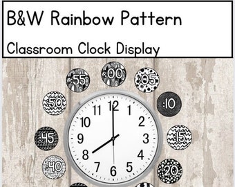 B&W Rainbow Patterns Classroom Clock Display