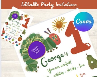 The Very Hungry Caterpillar First Birthday Editable Party Invitations