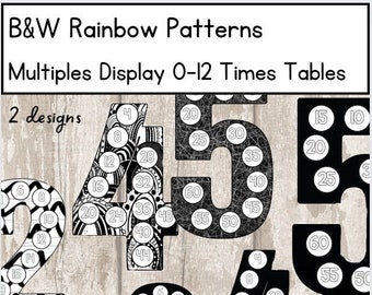 B&W Rainbow Patterns Multiples Display 0-12 Times Tables