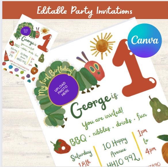 The Very Hungry Caterpillar First Birthday Editable Party Invitations ...