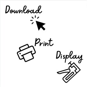 May include: Black and white illustration of a computer mouse cursor, a printer, and a stapler. The text "Download", "Print", and "Display" are written above each icon.