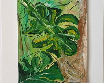 Blätter Monstera Grün, schwungvoll und abstrakt gemalt, Bild in Acryl für ein schönes Zuhause, handgefertigt und original, Unikat auf Papier