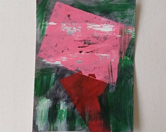 Abstraktes Bild in Acryl mit ausdrucksstarken Farben und Formen / Grün und Rosa / geometrische Linien und Formen