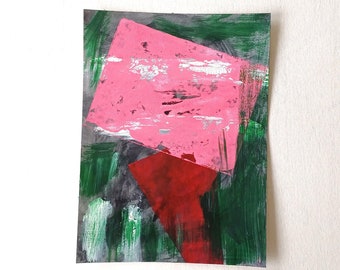 Abstraktes Bild in Acryl mit ausdrucksstarken Farben und Formen / Grün und Rosa / geometrische Linien und Formen