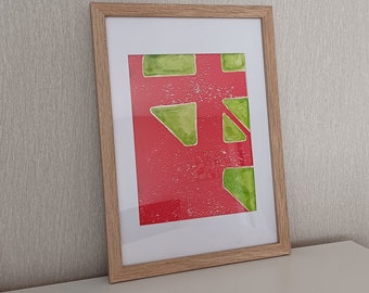 Linoldruck handgefertigtes Bild - für ein schönes Zuhause / geometrische Formen und starke Farben in Rot und Grün / Druck auf Papier A4