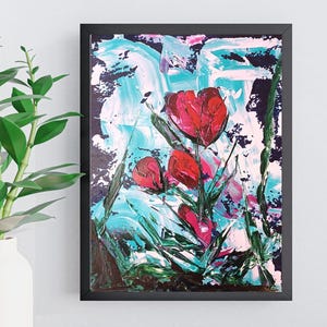 Dipinto acrilico moderno "Rose Rosse" su carta nel formato 30 x 40 cm, fiori e boccioli astratti moderni in un forte rosso verde, grande decorazione d'arredo