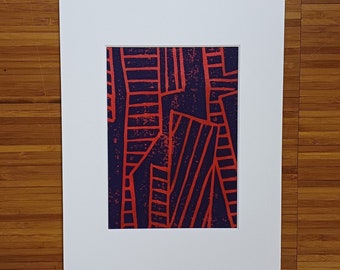 Linoldruck handgefertigtes Bild - für ein schönes Zuhause / geometrische Formen und Linien in Rot Blau / Druck auf Papier mit Passepartout