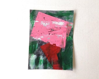 Abstraktes Bild in Acryl mit ausdrucksstarken Farben und Formen / Grün und Rosa / geometrische Linien und Formen