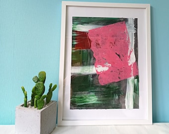Abstrakte moderne Kunst auf Papier mit Acrylfarben, ausdurcksstarke Farben und Formen, Kontraste in Grün Pink Rot, original Kunstwerk