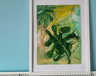 Modernes Bild Monstera Blatt in kräftigen Grün, expressionistisch und ausdrucksstark, Acrylbild auf Papier, Blätter und Naturdarstellung