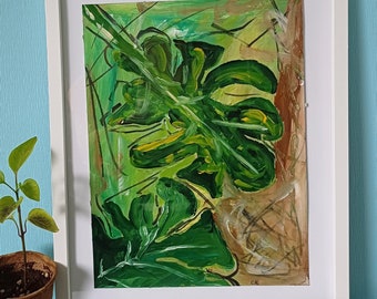 Blätter Monstera Grün, schwungvoll und abstrakt gemalt, Bild in Acryl für ein schönes Zuhause, handgefertigt und original, Unikat auf Papier