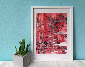 Abstraktes Bild mit Acrylfarben gemalt in Rot Schwarz auf Papier, schöne Kontraste und Farben, original Gemälde für ein schönes Zuhause