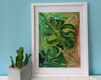 Blätter Monstera Grün, schwungvoll und abstrakt gemalt, Bild in Acryl für ein schönes Zuhause, handgefertigt und original, Unikat auf Papier