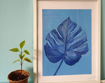 Modernes monochromes Bild in Blau / Monstera Blatt in Blau /Acryl auf Papier