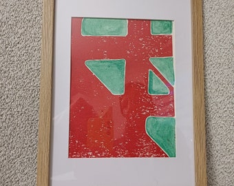 Linoldruck handgefertigtes Bild - für ein schönes Zuhause / geometrische Formen und starke Farben in Rot und Grün / Druck auf Papier A4