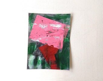 Abstraktes Bild in Acryl mit ausdrucksstarken Farben und Formen / Grün und Rosa / geometrische Linien und Formen