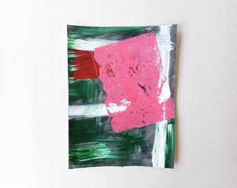 Abstrakte moderne Kunst auf Papier mit Acrylfarben, ausdurcksstarke Farben und Formen, Kontraste in Grün Pink Rot, original Kunstwerk