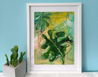 Modernes Bild Monstera Blatt in kräftigen Grün, expressionistisch und ausdrucksstark, Acrylbild auf Papier, Blätter und Naturdarstellung