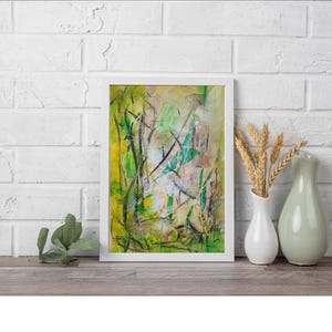 Acrylbild Kunst auf Papier DIN A4, Wiese und Gräser - abstraktes Unikat, Sommerwiese und wilde Gräser in Gelb Grün Braun Beige, Wanddeko