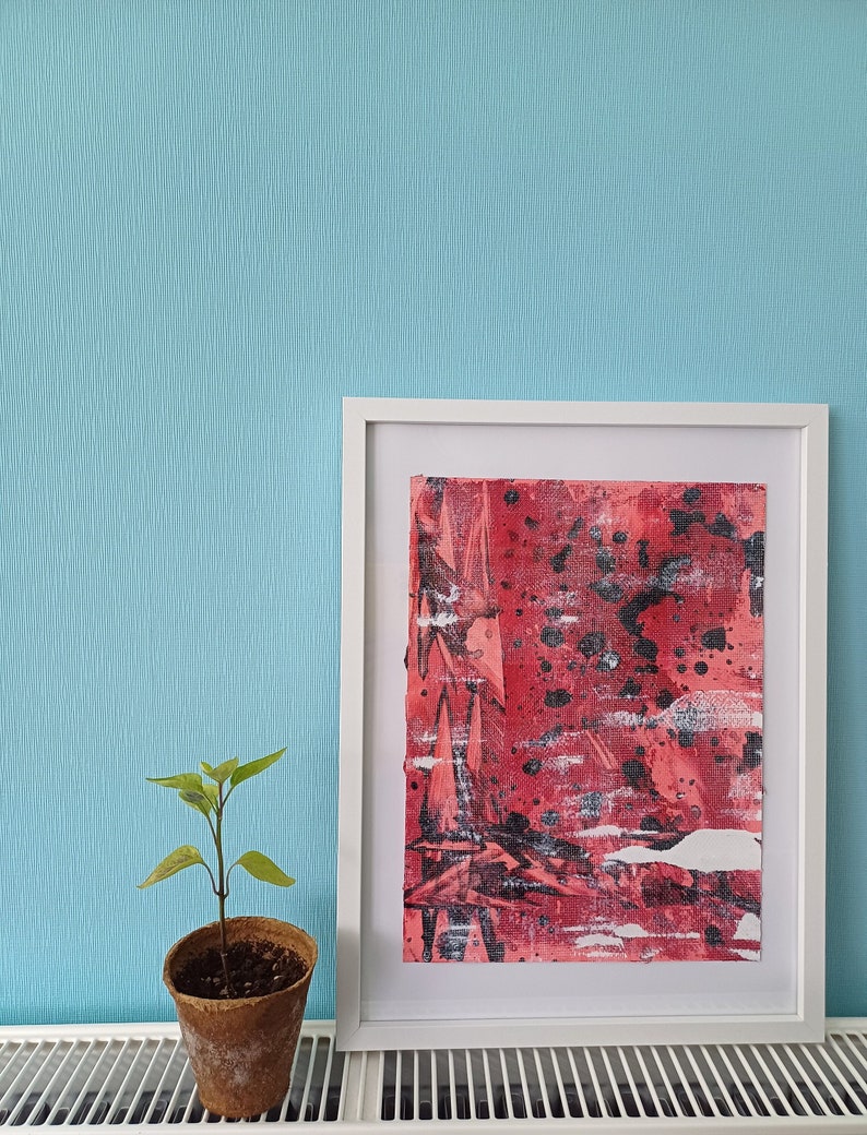 Abstraktes Bild mit Acrylfarben gemalt in Rot Schwarz auf Papier, schöne Kontraste und Farben, original Gemälde für ein schönes Zuhause Bild 1