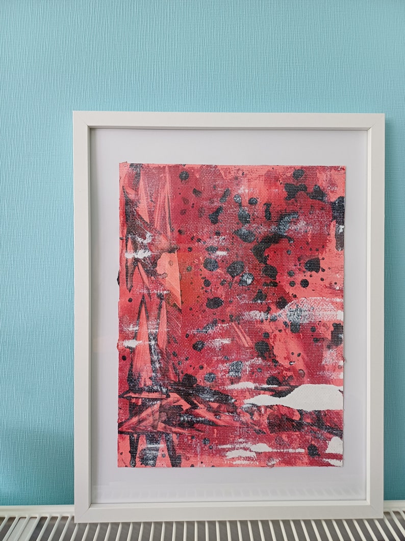 Abstraktes Bild mit Acrylfarben gemalt in Rot Schwarz auf Papier, schöne Kontraste und Farben, original Gemälde für ein schönes Zuhause Bild 3