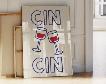 Trendy Cin Cin Print, Retro Wine Print, Bar Cart Art Print, Maximalist Kitchen Print, Vintage Wine Print, Cocktail Print, Cheers Print