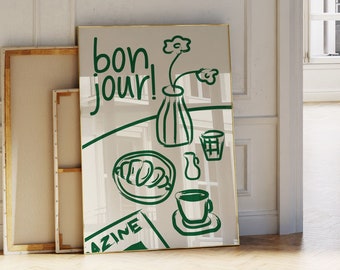 Bonjour Poster, French Breakfast Art Print, French Coffee Poster, Croissant Breakfast Print, Retro Food Art Print, Kitchen Gallery Wall Art