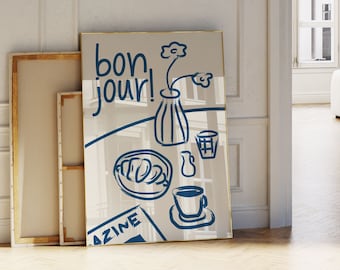 Bojour Poster, French Breakfast Art Print, French Coffee Poster, Croissant Breakfast Print, Retro Food Art Print, Kitchen Gallery Wall Art