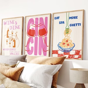 Set of 3 Print, Trendy Cin Cin Cheers Print, Retro Wine Dine Print, Spaghetti Food Print, Bar Cart Art Print, Maximalist Kitchen Wall Decor