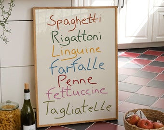 Retro Italian Pasta Names Print, Trendy Colorful Typography Art Print, Aesthetic Preppy Wall Art, Funny Apartment Decor, Pasta Lover Gift