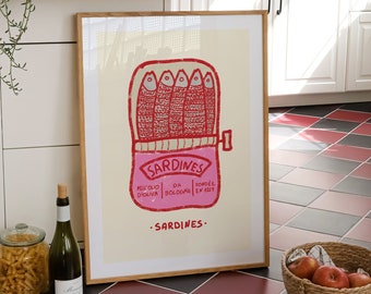Pink Sardines Tin Art Print, Retro Food Can Art, Maximalist Kitchen Gallery Decor, Vintage Fish Print, Trendy Mediterranean Seafood Print