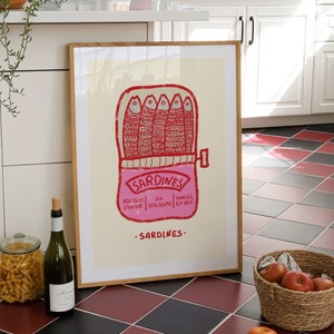 Pink Sardines Tin Art Print, Retro Food Can Art, Maximalist Kitchen Gallery Decor, Vintage Fish Print, Trendy Mediterranean Seafood Print