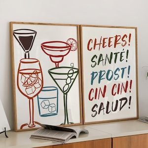 Set of 2 Cheers Prints, Trendy Cocktail Print, Bar Cart Art Print, Maximalist Kitchen Print, Cheers Poster, Aesthetic Decor, Party Print Art