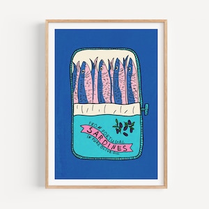 Retro Sardines Tin Art Print, Fish Can Food Art, Maximalist Kitchen Gallery Decor, Vintage Foodie Gift, Trendy Mediterranean Seafood Print