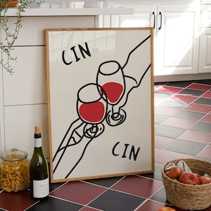 Trendy Wine Cin Cin Print, Bar Cart Art Print, Vintage Alcohol Print, Mid Century Modern Print, Apartment Kitchen Wall Decor, Cheers Print