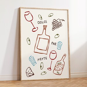 Retro Wine Print, Food and Drinks Illustrations Poster, Maximalist Kitchen Gallery Wall Art, Hand Drawn Apartment Decor, Bar Cart Art Print