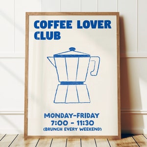 Retro Coffee Lover Club Print, Maximalist Kitchen Print, Moka Pot Coffee Print, Mid Century Modern Print, Breakfast Poster, Typography Art
