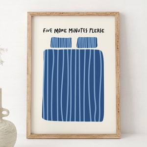 Five More Minutes Print, Retro Blue Bed Print, Trendy Bedroom Decor, Cute Quote Art, Funny Print, Minimalist Trendy Art, Hand Drawn Print