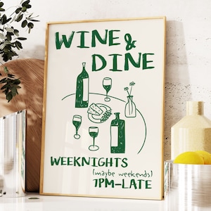 Wine & Dine Club Retro Food Print, Printable, Vintage Wine Print, Mid Century Modern Print, Kitchen Wall Gallery Decor, Drinks Print