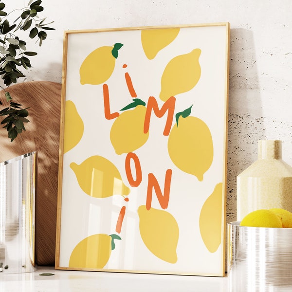 Lemons Wall Art Print, Amalfi Lemons Italy Retro Print, Trendy Kitchen Art, Food Illustration, Fruit Market Print, Citrus Fruit Print