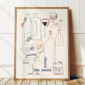 Cocktail Menu Dinner Party Poster, Hand Drawn Retro Drink Print, Mid Century Modern Print, Funky Apartment Decor, Bar Cart Print, Menu Art