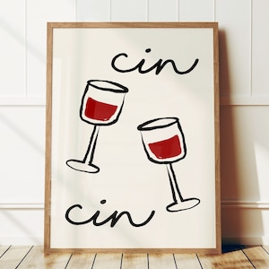 Retro Cin Cin Wine Print, Digital Download Print, Wine Glasses Cheers Poster, Bar Cart Art Print, Maximalist Kitchen Print, Drink Poster