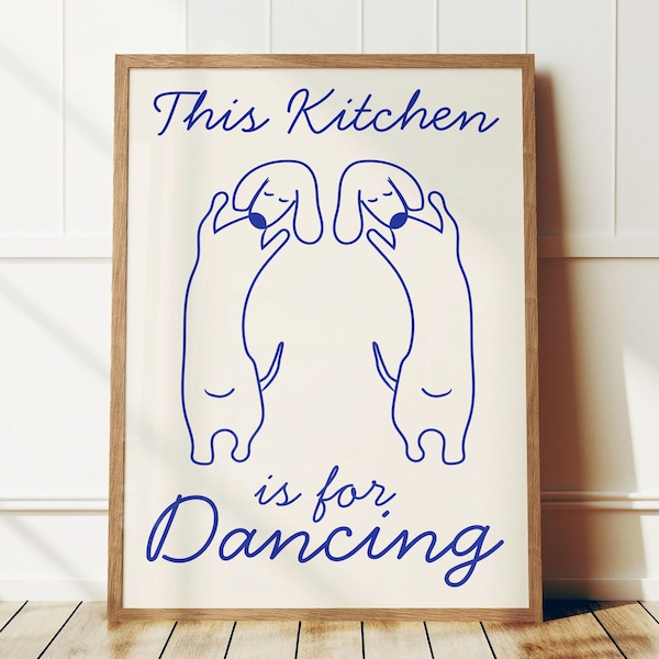 This Kitchen is for Dancing Print, Dog Lover Digital Print, Retro Kitchen Print, Mid Century Modern Print, Aesthetic Wall Art, Trendy Print