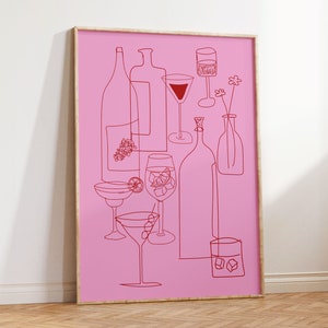 Cocktail Dinner Party Poster, Hand Drawn Retro Drink Print, Mid Century Modern Print, Funky Apartment Decor, Pink Bar Cart Print