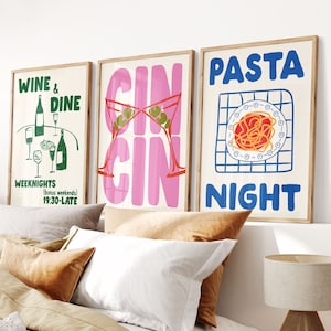 Set of 3 Print, Trendy Cin Cin Cheers Print, Retro Wine Poster, Pasta Night Food Print, Bar Cart Art Print, Maximalist Kitchen Print