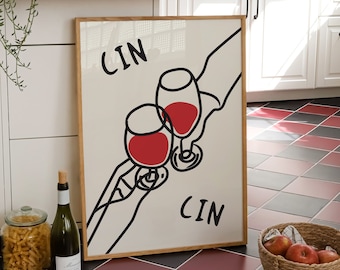 Trendy Wine Cin Cin Print, Bar Cart Art Print, Vintage Alcohol Print, Mid Century Modern Print, Apartment Kitchen Wall Decor, Cheers Print
