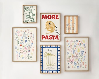 Set of 6 Kitchen, Food & Drink Prints, Trendy Gallery Wall Art, Colorful Apartment Art Prints, Aesthetic Food Art Set, Modern Kitchen Art