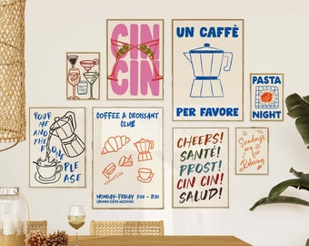 Set of 8 Trendy Retro Prints, Trendy Cocktail Print, Bar Cart Art Print, Maximalist Kitchen Print, Aesthetic Gallery Wall Decor, Food Print